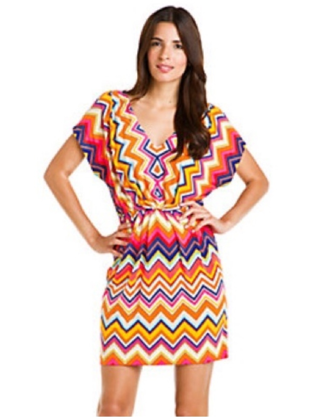 Trina Turk Vibrant Rainbow Chevron V-Neck Women’s Dress - Multicolor 10